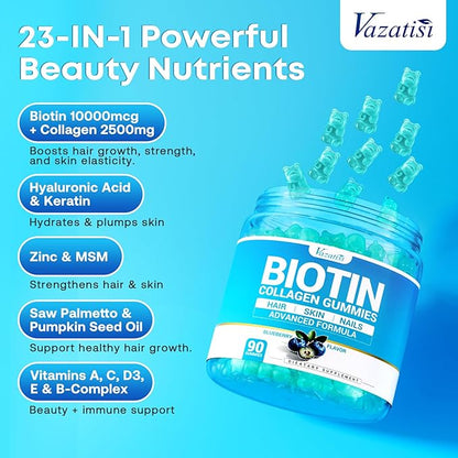 Biotin Gummies 10,000mcg with Collagen - 23-in-1 Hair Growth Gummies for Women & Men - Hair Skin and Nails Gummies with Keratin & Saw Palmetto - Sugar Free Non-GMO, Blueberry, 180 Count