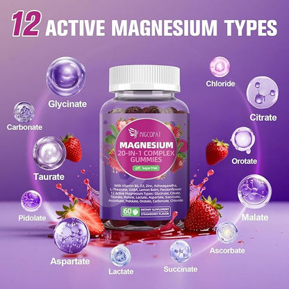 Migcopat Magnesium Complex Gummies, 20 in 1 Magnesium Gummy with Glycinate Citrate Malate Taurate - Ashwagandha, L-Theanine, D3&Zinc for Relaxation, Sleep, Muscle&Heart Support, Strawberry, 120 Cts