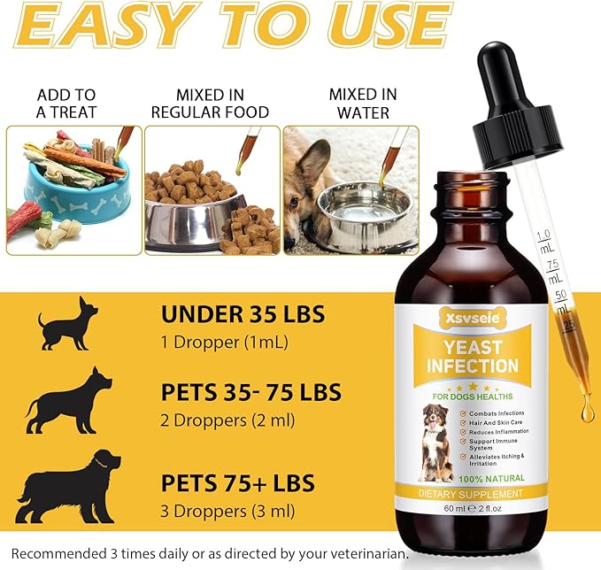 Yeast Infection Treatment for Dogs - Natural Dog Ear Infection Drops for Itch & Allergy Relief, Soothes Skin Inflammation, Dog Yeast Infection Treatment for All Breeds & Sizes, 2 fl oz