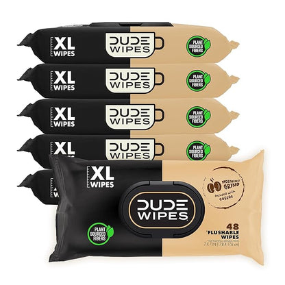 DUDE Wipes Morning Grind Flushable Wipes - Coffee Scented Extra-Large Adult Wet Wipes - 6 Pack (288 Count) - Infused with Coffee Oil, Vitamin E, and Aloe - Septic and Sewer Safe