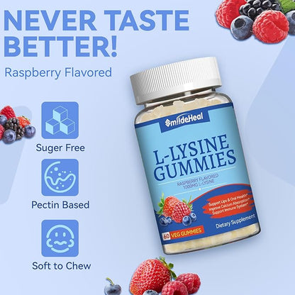 2 Pack L-Lysine 1000mg Gummies, Chewable Lysine Supplement for Adults, Immune Support, Collagen Formation Support, Vegan, Gluten Free - 120 Counts