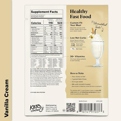 Keto Chow Vanilla Cream - Keto Meal Replacement Shake Powder - Nutritionally Complete - Low Carb - Delicious Easy Meal Substitute - Protein Rich & Dairy Free - Single Meal Serving