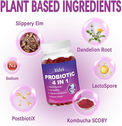 Probiotic Kombucha Gummies | Sugar Free | Probiotics Fiber Supplement for Women and Men | 1.6 Billion CFU Lactobacillus Plantarum & Slippery Elm for Bloating & Gut Health | Strawberry Flavor