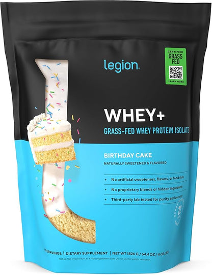 LEGION Whey+ Protein Whey Isolate from Grass Fed Cows (Birthday Cake, 60 Servings) - Whey Protein Isolate Powder Low Calorie, Non-GMO, Sugar Free, Lactose and Gluten Free, All Natural Protein Powder