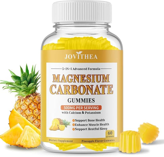 Magnesium Carbonate Gummies 500mg, High Absorption Magnesium Supplement for Women & Men, with Calcium, Potassium, Vitamin C & D3, Support Digestive & Muscle Health,Sugar Free,Vegan,Pineapple Flav,60Ct