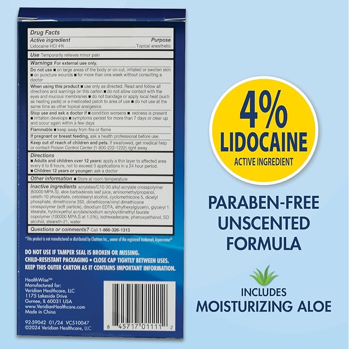 HealthWise 4% Lidocaine Roll-On | OTC Strength | Pain Relief Liquid | 2.5 oz. 73 mL | Non-Greasy, Unscented Formula | Topical Anesthetic
