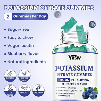 Potassium Citrate 1200mg Gummies for Adults Women & Men, Chewable Potassium Supplement for Muscle Health & Electrolyte Support, Sugar Free, Blueberry Flavor, 120 Count