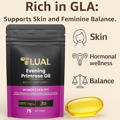Women's Health Evening Primrose Oil Softgels | Omega-6 Fatty Acid for Women's Health | Lual Evening Primrose Oil Capsules 1000mg 75 Count