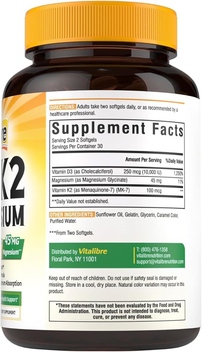 Vitalibre Vitamin D3 K2 + Magnesium Supplement, 10000 IU Vitamin D3 & 100 mcg K2, with Magnesium Glycinate, Bone, Teeth, Immune & Energy Support, High Absorption, Non-GMO, Easy to Swallow, 60 Softgels