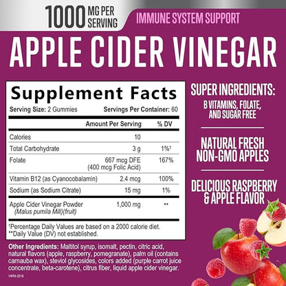 Apple Cider Vinegar Gummies 1000mg per Serving - Sugar Free Max Strength ACV Gummy Vitamins Supplement, Advanced Formula, Vitamin B12 Supports Metabolism & Energy, Keto Friendly, Vegan, 120 Gummies