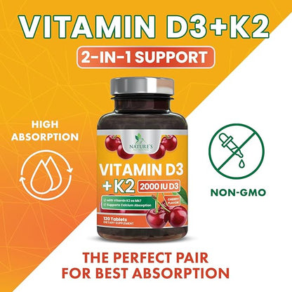Vitamin D 2000 IU 50mcg Per Tablet - Vitamins D3 & K2 (MK7) Complex Supplement for Bone, Teeth, Muscle, Calcium Absorption, Supports Immune & Heart Health, Chewable Formula USA Bottled - 120 Tablets