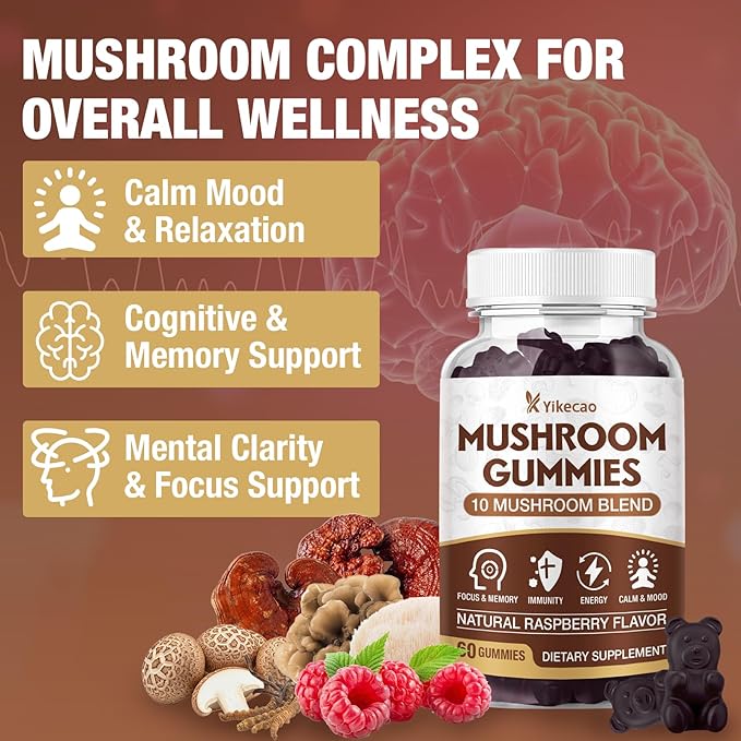 2 Pack Mushroom Gummies for Adults, 10 Blend Mushroom Supplement with Lions Mane, Cordyceps, Reishi, Chaga and Turkey Tail for Focus and Energy, Raspberry Flavor, 120 Count