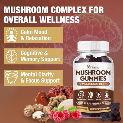 Mushroom Gummies for Adults, 10 Blend Mushroom Supplement with Lions Mane, Cordyceps, Reishi, Chaga and Turkey Tail for Focus and Energy, Raspberry Flavor, 60 Count