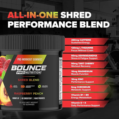 Bounce Pro Shred Blend Pre Workout Gummies – Raspberry Peach – 70 Vegan Gummies with Caffeine, Ashwagandha & L-Theanine for Energy, Focus & Endurance (70 Count (Pack of 1), Raspberry Peach)
