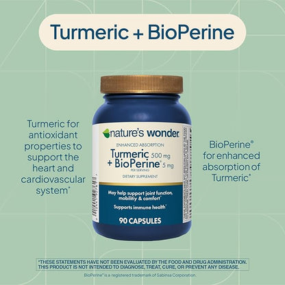 Nature's Wonder Turmeric Supplement with BioPerine - Enhanced Absorption Turmeric Complex 500mg with BioPerine 5mg for Joint Function, Mobility, and Comfort, 90 Vegetarian Turmeric Capsules