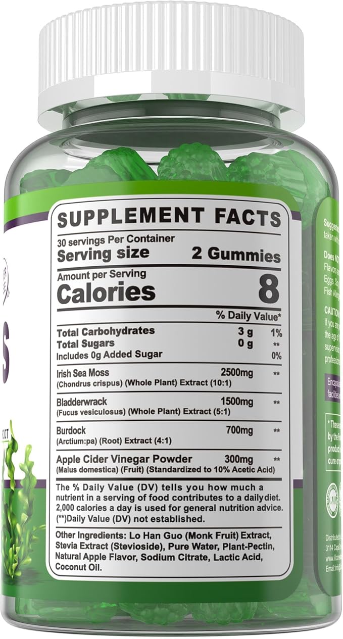 Sea Moss Gummies - Irish Sea Moss Gummies for Adults & Kids - Advanced Superfood Seamoss Supplement with Organic Bladderwrack & Burdock Root Extract，ACV for Daily Immune, Gut Cleanse, Vegan, 60 Counts