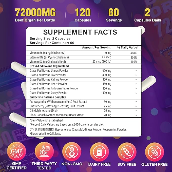 Beef Organ Supplement for Women - 100% Grass Fed Beef Organs with Bovine Liver, Ovary, Uterus, Kidney, Heart & Fallopian Tubes - PMS, Menopause & Energy, Immune & Mood Support, 120 Count