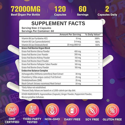 Beef Organ Supplement for Women - 100% Grass Fed Beef Organs with Bovine Liver, Ovary, Uterus, Kidney, Heart & Fallopian Tubes - PMS, Menopause & Energy, Immune & Mood Support, 120 Count