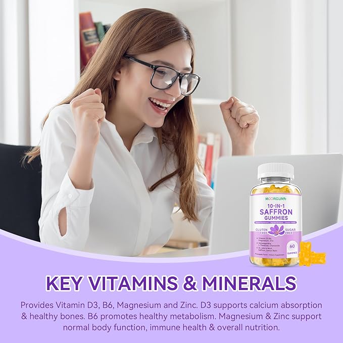 Saffron Gummies for Adult Kids, 10-IN-1 Cortisol Support Supplement with Saffron 88.5mg, Vitamin D3, B6, Magnesium, Zinc, Ashwagandha, L-Theanine, St. John's Wort, For Emotions, Slumber, 60 Count
