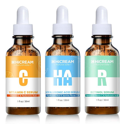 Face Serum Set 3-Pcs Set, Includes Vitamin C, Hyaluronic Acid & Retinol - Skin Care Set for Brightening, Firming, Hydrating - Facial Skin Care Set for Fine Lines, Dark Spot Corrector