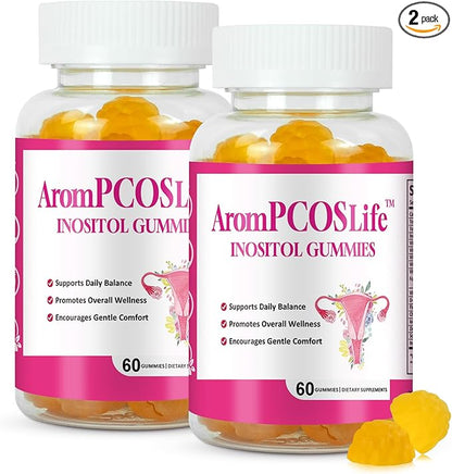AromPCOSLife Inositol Gummies Support Ovulation, 2 Packs Vitamin Gummies Support Menstrual Cycle & Hormonal Balance for Women, Orange Flavor Inositol Gummy with Myo-Inositol, Folate and Vitamin B6 B12
