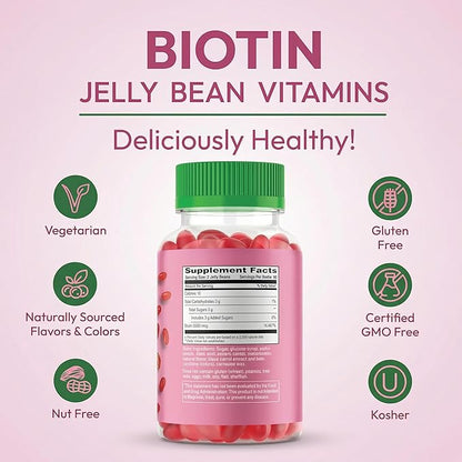 Biotin Jelly Bean Gummy Vitamins, Extra Strength Biotin for Hair, Skin and Nails, 5000mcg per Serving, Hair Growth Vitamins for Men and Women, 120 Strawberry Blast Jelly Beans, Kosher