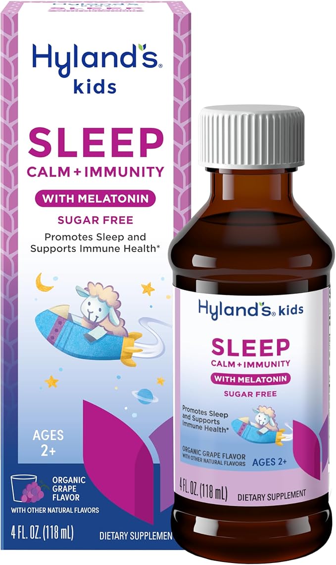 Hyland's Kids Sleep Calm & Immunity with Melatonin, Sugar-Free Sleep Aid Liquid with Magnesium, Vitamin D, Zinc & Elderberry, Promotes Sleep & Supports Immune Health, Ages 2+, Grape Flavor, 4 Fl. Oz.