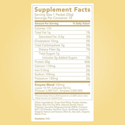 Clean Simple Eats Whey Protein Powder, Simply Vanilla Flavor Naturally Sweetened, 100% Grass Fed Protein Powder with Digestive Enzymes & No Artificial Ingredients, Gluten Free, 10 Stick Packs