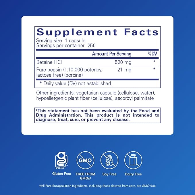 Pure Encapsulations Betaine HCl Pepsin - Digestive Enzymes Supplement for Digestion Aid & Support, Stomach Acid & Nutrient Absorption* - with Betaine HCl Pepsin - 250 Capsules