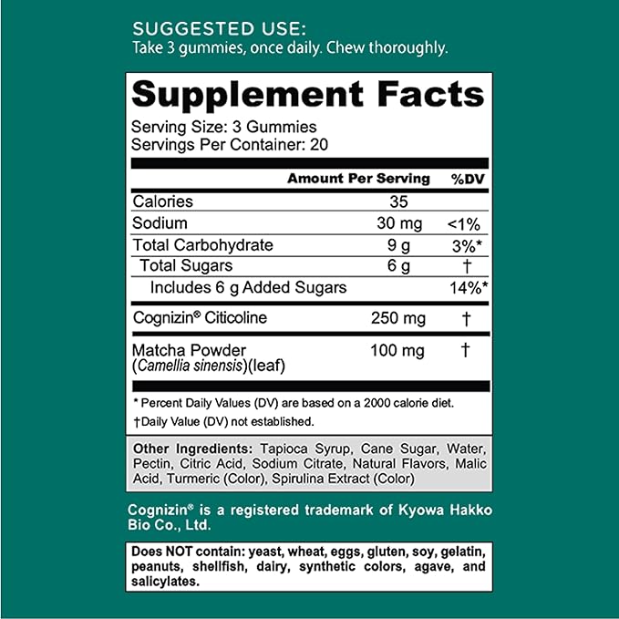 Goli Matcha Mind Gummies - 60 Count - Green Tea Leaves Powder with Cognizin for Focus, Attention and Brain Health, Vegan, Non-GMO, Gluten-Free & Gelatin Free.