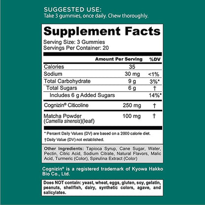 Goli Matcha Mind Gummies - 180 Count - Green Tea Leaves Powder with Cognizin for Focus, Attention and Brain Health, Vegan, Non-GMO, Gluten-Free & Gelatin Free.