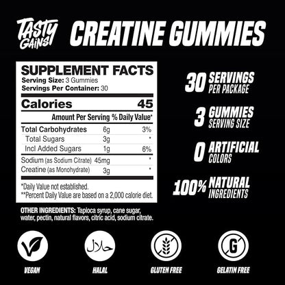TASTY GAINS Creatine Gummies - 90g of Creatine Monohydrate - Workout Supplements - Build Muscle & Boost Strength for Men & Women - Made in USA - Non GMO - Vegan Friendly (Large, Pineapple Mango)