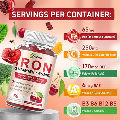 ZHPHK Iron Gummies Supplement for Women, Men & Kids, Iron 65mg with 250mg Vitamin C B6 B12 Folate Healthy Blood, Energy & Immune Support Gentle on Stomach Ferrous Fumarate, 120 Count