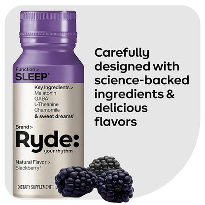 Ryde: SLEEP | 2oz Sleep Shot for Occasional Use | Melatonin, GABA, L-Theanine & Chamomile | Blackberry Natural Flavor | Sugar-Free, Zero Calories, Vegan | Manufactured in USA (24 Pack)