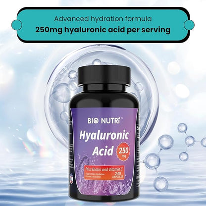 BIO NUTRI Hyaluronic Acid Supplements 250mg|240 Capsules，with Biotin 5000mcg & Vitamin C 25mg - Skin, Hair & Joint 3 in1 Support (1)
