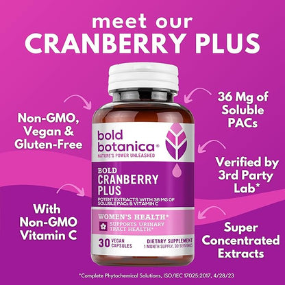 Bold Cranberry Plus Capsules - 100% Soluble 36mg PACs - Cranberry Pills for Women & Men with Urinary Tract Support, Non-GMO Vitamin C — 30 Vegan Capsules, 1 Month Supply