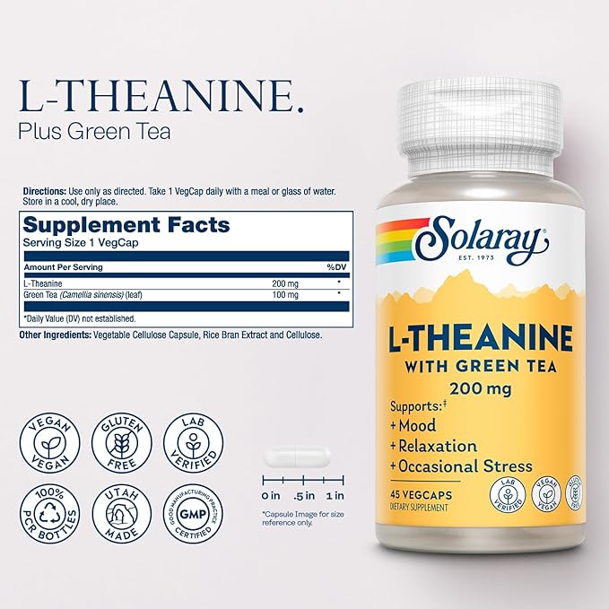 SOLARAY L-Theanine 200mg with Green Tea - Healthy Mood, Relaxation and Occasional Stress Support - Lab Verified, Vegan, Gluten Free - 45 Servings, 45 VegCaps