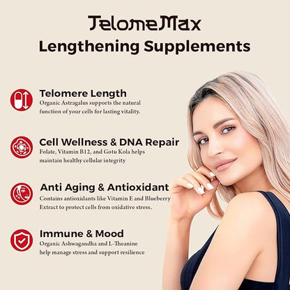 Telomere Lengthening Supplements – Organic Astragalus, Gotu Kola, Vitamin D3, Folate, L-Theanine – Anti-Aging, DNA Repair, Immune & Cellular – 60 Vegan Capsules, Made in Japan (2 Bottle)