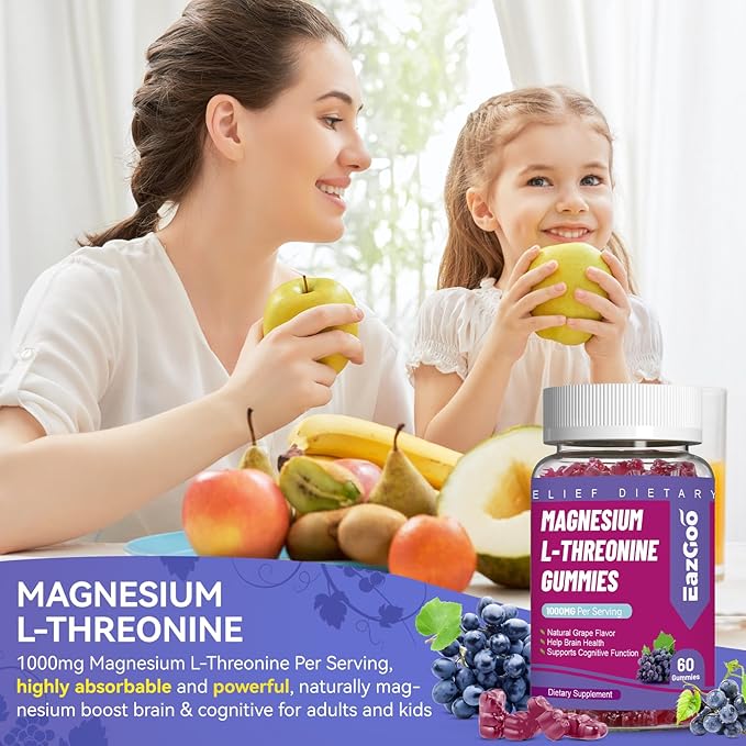 Magnesium Threonine Gummies 1000mg, L-Threonine Gummies for Adults, Great Magnesium Supplements for Brain, Non-GMO, Gluten Free, Vegan, 60 Grape Magnesium Gummies, 30 Day Supply
