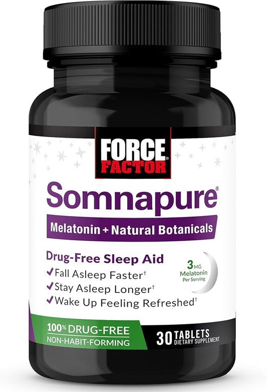 Force Factor Somnapure Drug-Free Sleep Aid for Adults with Melatonin, Valerian Root, and Lemon Balm, Non-Habit-Forming Sleeping Pills, Fall Asleep Calm at Night, Wake Up Refreshed, 30 Tablets