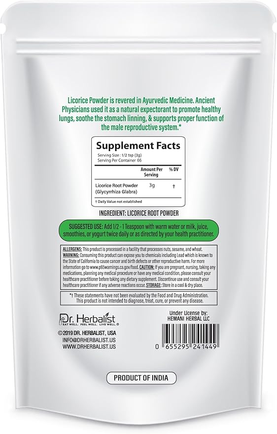 Dr. Herbalist Licorice Root Powder - 200g, Glycyrrhiza Glabra, Supports Digestive Health & Immunity