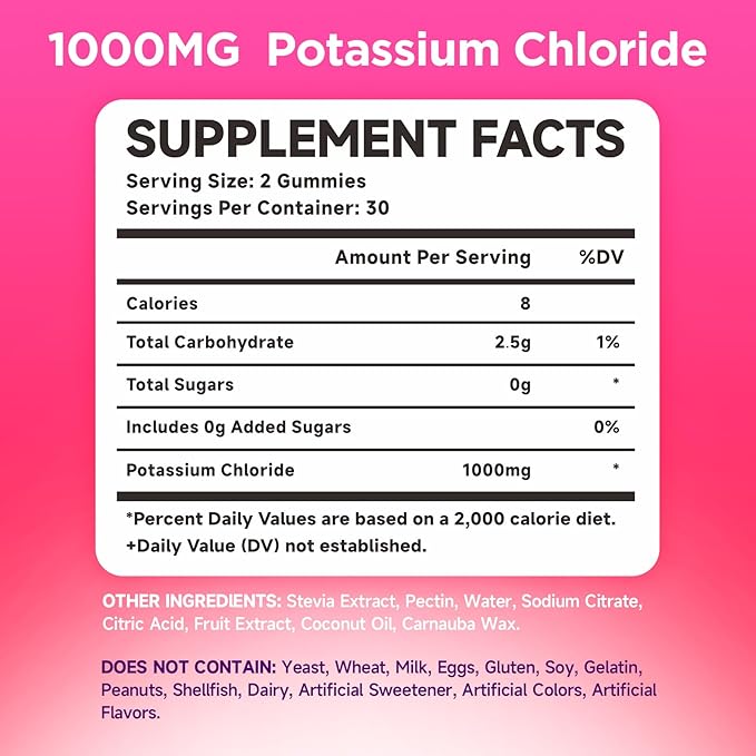 Potassium Gummies, Potassium Chloride for Adults, Sugar-Free Potassium Supplement Gummies Support Electrolyte Balance for Women & Men, Raspberry Flavor, 60 Count