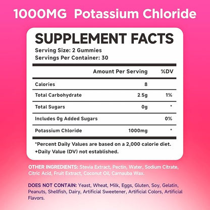Potassium Gummies, Potassium Chloride for Adults, Sugar-Free Potassium Supplement Gummies Support Electrolyte Balance for Women & Men, Raspberry Flavor, 60 Count