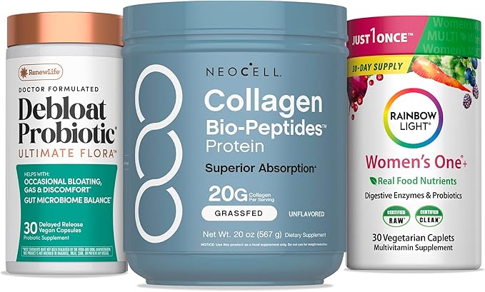 NeoCell Women’s Debloat Beauty & Balance Bundle | 3-in-1 Bundle Pack Collagen Bio-Peptides Protein | Debloat Probiotic | Women’s One + Multivitamin