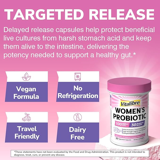 Probiotics for Women 30 Strains, 100 Billion CFU Vaginal Probiotics with Digestive Enzymes, Prebiotics & Cranberry for Urinary Tract Health, pH Balance, 30 Veggie Capsules