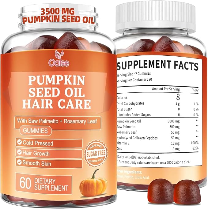 Pumpkin Seed Oil with Saw Palmetto Gummies, 3500mg Per Serving, Cold Pressed, with Rosemary Leaf, Zinc, Hydrolyzed Collagen Peptides, Pumpkin Seed Oil for Hair Growth, Vegan, 60 Counts