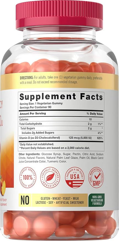 Carlyle Vitamin D3 Gummies | 5000 IU (125 mcg) | 90 Count | High Potency for Adults | Peach Flavor | Vegetarian, Non-GMO, Gluten Free Supplement