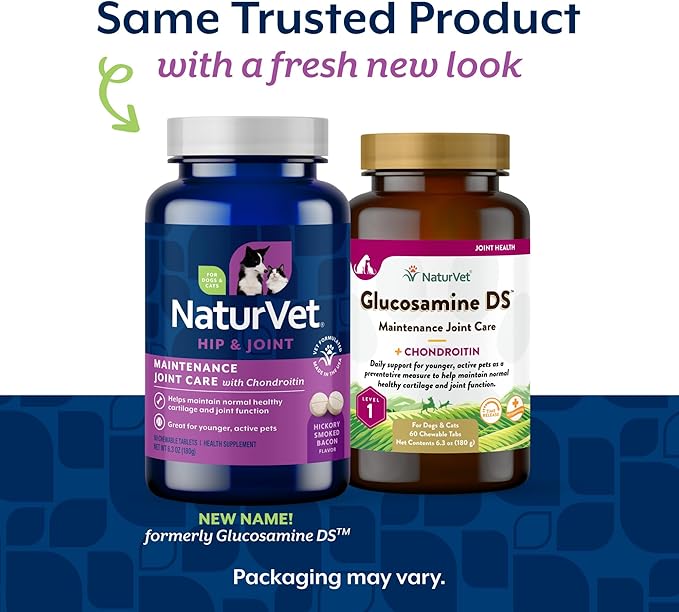 NaturVet Glucosamine DS Level 1 Maintenance Care Hip & Joint Support Pet Supplement for Dogs & Cats –Glucosamine, Chondroitin, Antioxidants –Supports Cartilage, Joint Function – 60 Ct.