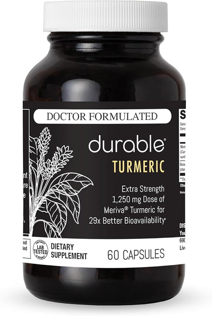 Durable Turmeric - 1250 mg Meriva Curcumin, 29X More Absorption + Boswellia – Joint Comfort, Mobility & Healthy Inflammation – Doctor Formulated, Vegan, Non-GMO, Made in USA (60 Capsules)