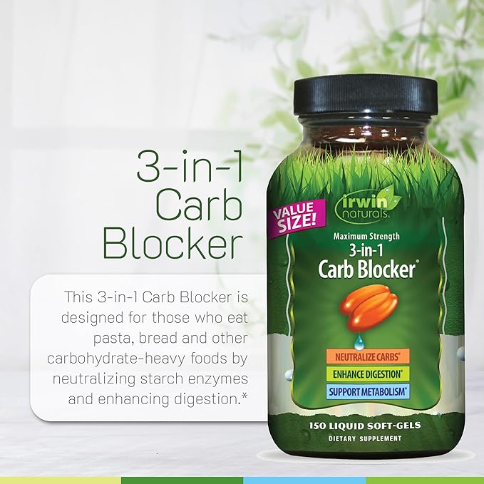 Irwin Naturals Maximum Strength 3-in-1 Carb Blocker - Neutralize Carbohydrates, Aids Digestion and Metabolism Booster - White Kidney Bean Extract + Chromium + Enzyme Blend - 150 Liquid Soft-Gels